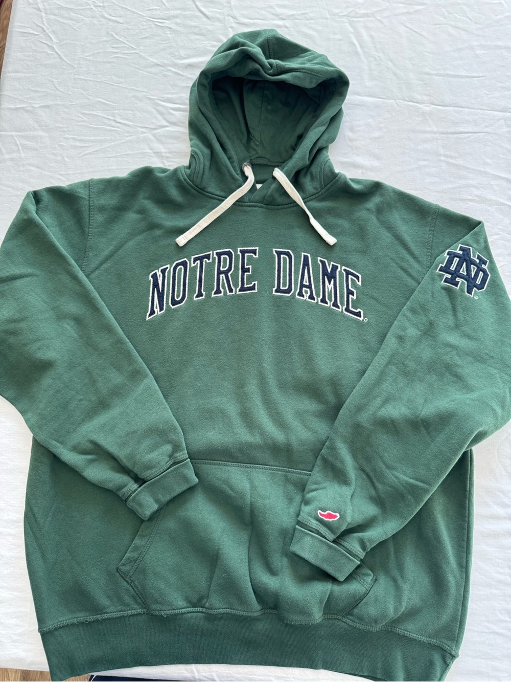 League Notre Dame Hoodie Sweatshirt Size 2XL Green with navy blue lettering.
